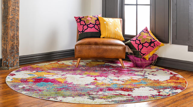 Multicolor 8' x 8' Lyon Round Area Rug Vivid Colorful Abstract Modern 100% Polypropylene Carpet for Living Room, Dining, Office for Sale at Rug Engine