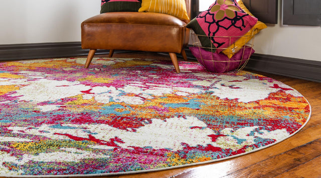 Multicolor 8' x 8' Lyon Round Area Rug Vivid Colorful Abstract Modern 100% Polypropylene Carpet for Living Room, Dining, Office for Sale at Rug Engine