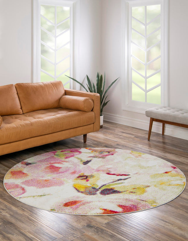 Ivory 8' x 8' Lyon Round Area Rug Vivid Colorful Abstract Modern 100% Polypropylene Carpet for Living Room, Dining, Office for Sale at Rug Engine