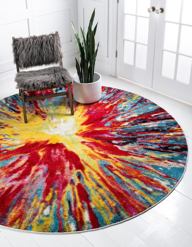 Multicolor 8' x 8' Lyon Round Area Rug Vivid Colorful Abstract Modern 100% Polypropylene Carpet for Living Room, Dining, Office for Sale at Rug Engine