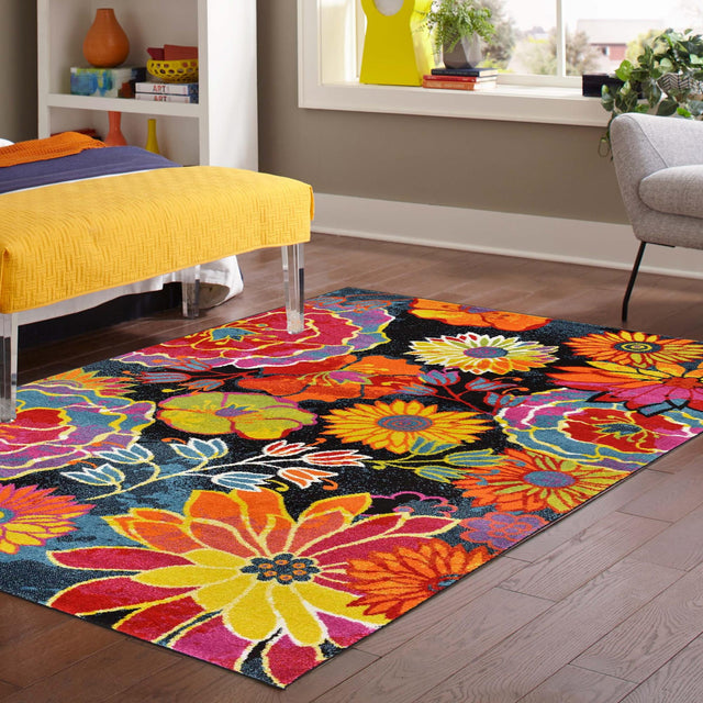 Black 7' 1 x 10' Lyon Rectangle Area Rug Vivid Colorful Abstract Modern 100% Polypropylene Carpet for Living Room, Dining, Office for Sale at Rug Engine