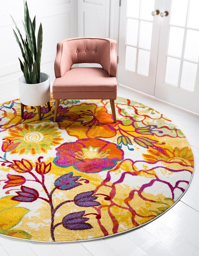 Ivory 3' 3 x 3' 3 Lyon Round Area Rug Vivid Colorful Abstract Modern 100% Polypropylene Carpet for Living Room, Dining, Office for Sale at Rug Engine