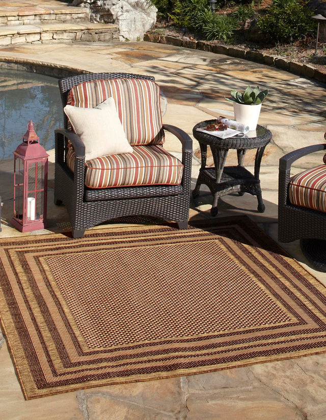 Light Brown 6' x 6' Outdoor Border Square Area Rug Weather Resistant for Patio, Deck, Terrace, Balcony, Porch 100% Polypropylene Classic Bordered Carpet for Sale at Rug Engine