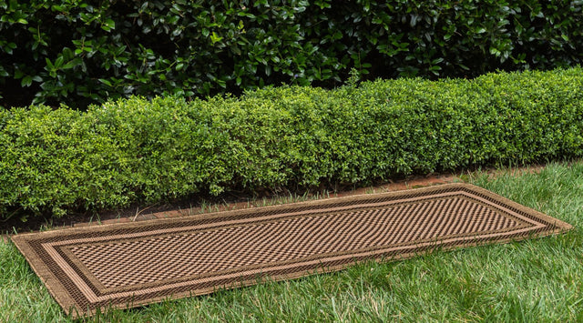 Light Brown 2' 2 x 6' Outdoor Border Runner Area Rug Weather Resistant for Patio, Deck, Terrace, Balcony, Porch 100% Polypropylene Classic Bordered Carpet for Sale at Rug Engine