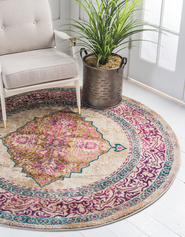 Beige 8' x 8' Aurora Round Area Rug 60% Polypropylene & 40% Polyester Living Dining Room Bedroom Office Modern Decor Carpet for Sale at Rug Engine