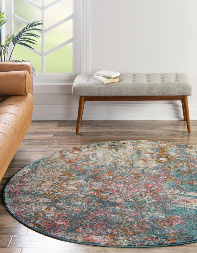 Blue 6' 1 x 6' 1 Aurora Round Area Rug 60% Polypropylene & 40% Polyester Living Dining Room Bedroom Office Modern Decor Carpet for Sale at Rug Engine