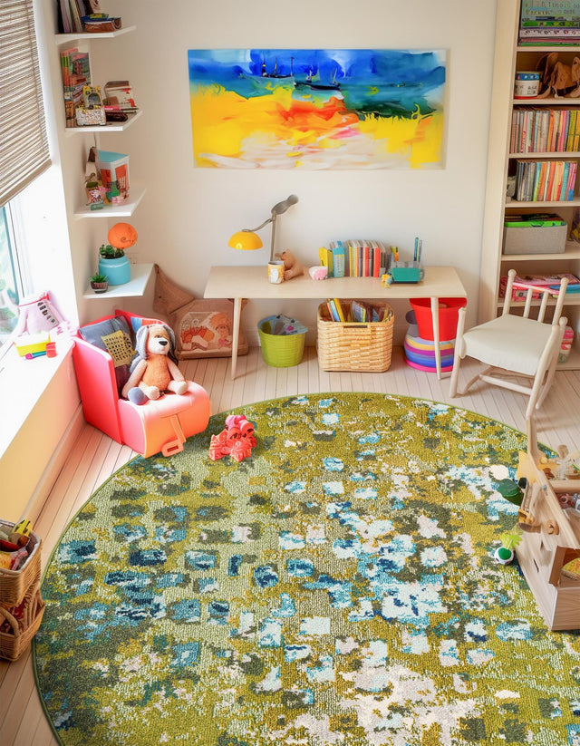 Green 8' x 8' Jardin Round Area Rug 100% Polypropylene With Cotton Backing Colorful & Vivid Modern Carpet for Home Decor for Sale at Rug Engine