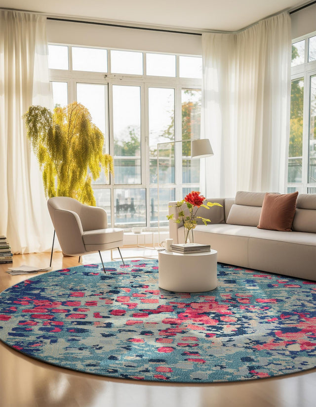 Blue 8' x 8' Jardin Round Area Rug 100% Polypropylene With Cotton Backing Colorful & Vivid Modern Carpet for Home Decor for Sale at Rug Engine