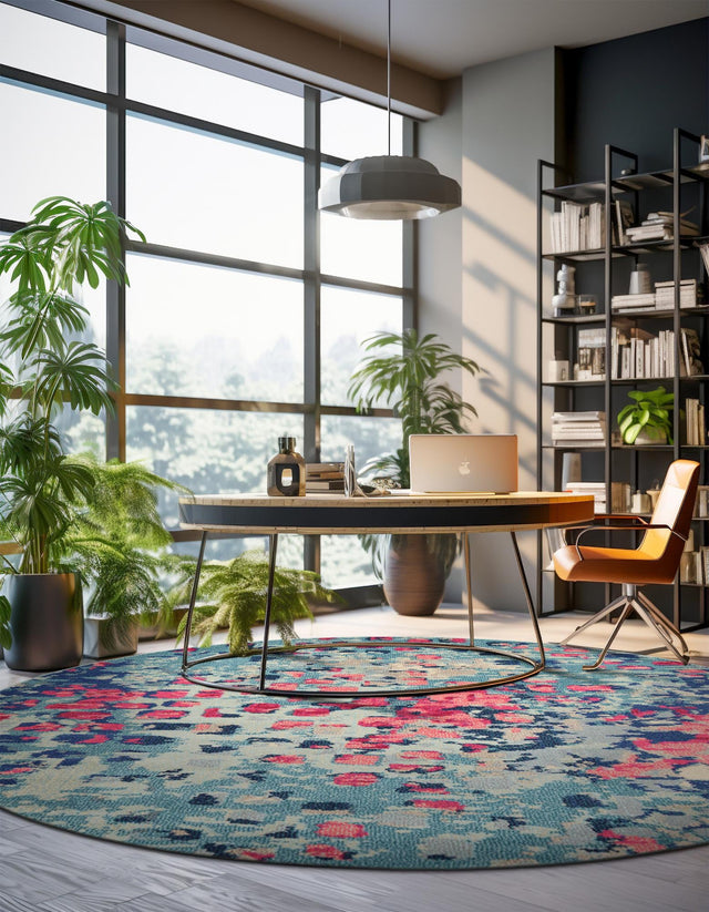 Blue 6' 1 x 6' 1 Jardin Round Area Rug 100% Polypropylene With Cotton Backing Colorful & Vivid Modern Carpet for Home Decor for Sale at Rug Engine