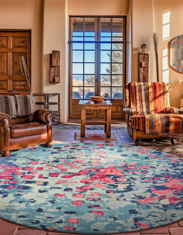 Blue 8' x 8' Jardin Round Area Rug 100% Polypropylene With Cotton Backing Colorful & Vivid Modern Carpet for Home Decor for Sale at Rug Engine