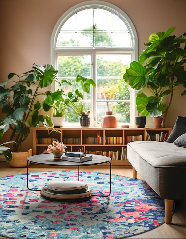 Blue 6' 1 x 6' 1 Jardin Round Area Rug 100% Polypropylene With Cotton Backing Colorful & Vivid Modern Carpet for Home Decor for Sale at Rug Engine