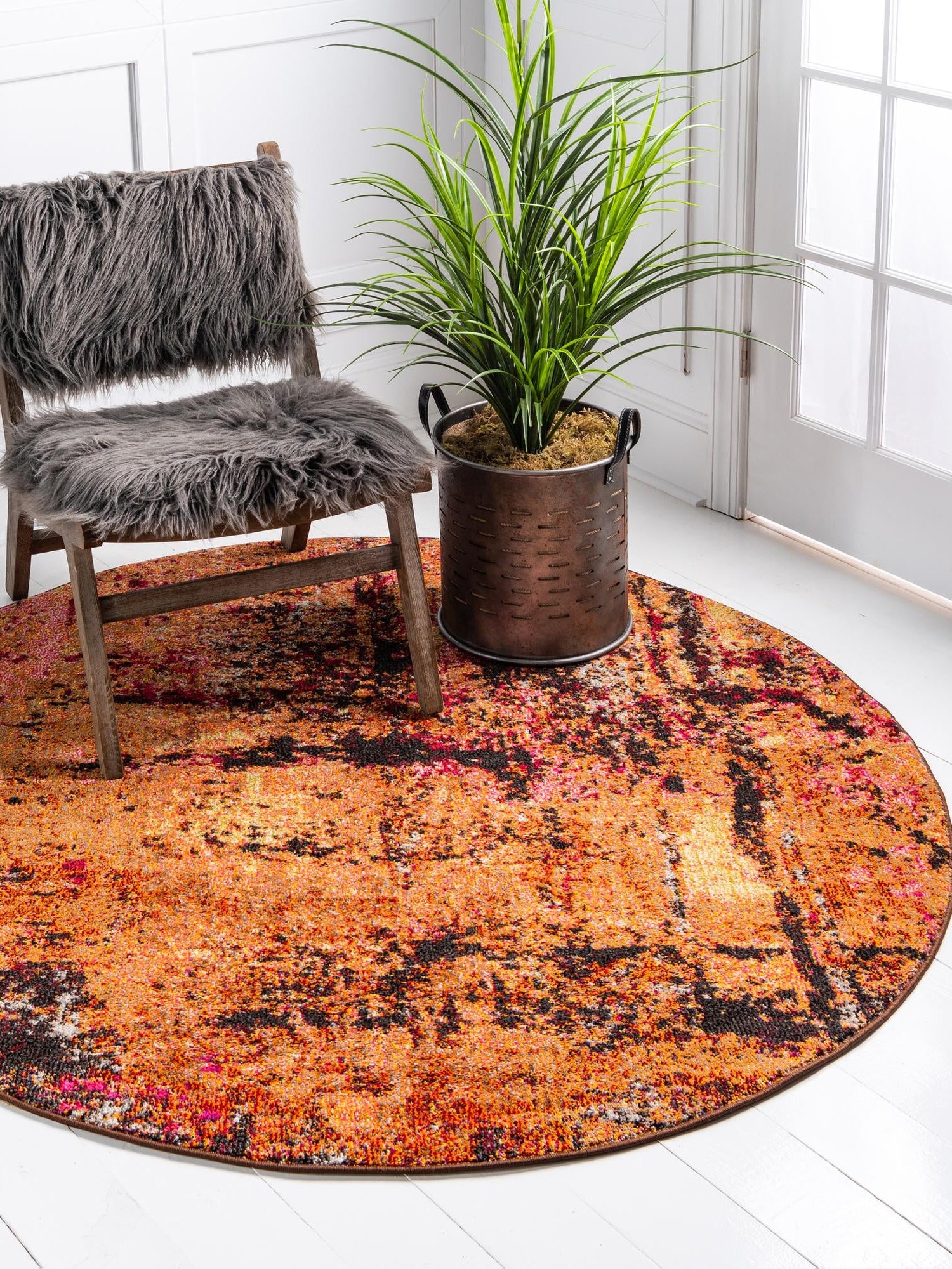 Orange 8' x 8' Estrella Round Area Rug 100% Polypropylene Non-Shedding Stain Resistant Carpet Colorful Modern Abstract Design Easy Clean for Home Decor for Sale at Rug Engine