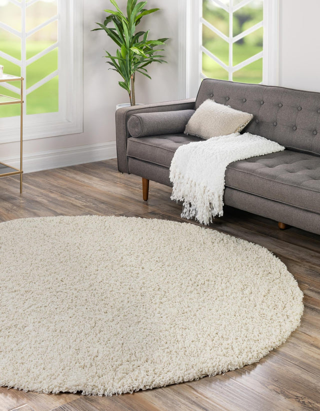 Pure Ivory 5' 3 x 5' 3 Solid Shag Round Area Rug Thick Soft Touch Fluffy & Plush Shaggy Pile Durable Minimalist Carpet for Classic Interior Design for Sale at Rug Engine