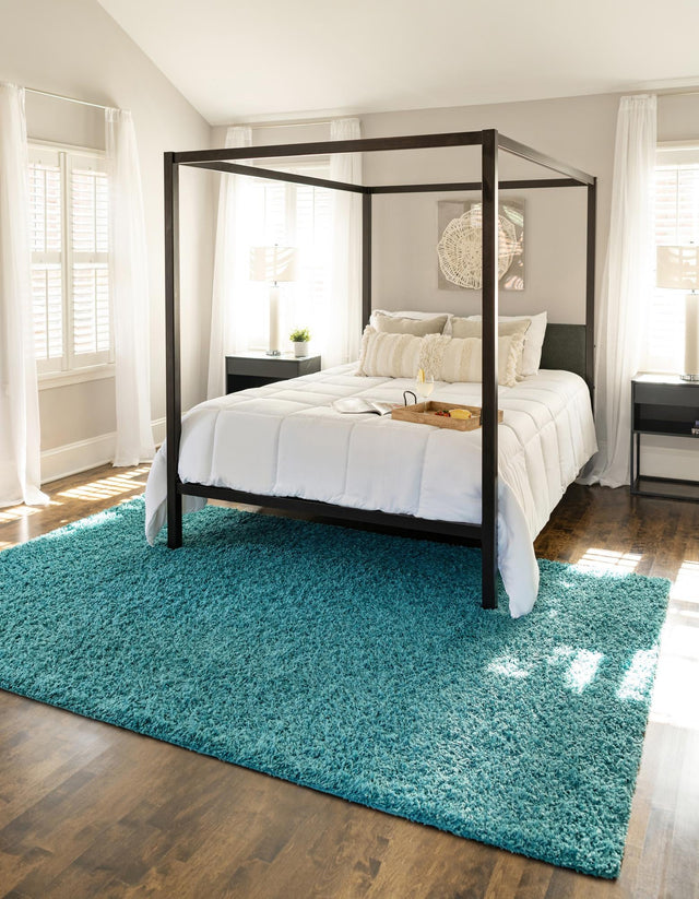 Deep Aqua Blue 7' 10 x 10' Solid Shag Rectangle Area Rug Thick Soft Touch Fluffy & Plush Shaggy Pile Durable Minimalist Carpet for Classic Interior Design for Sale at Rug Engine