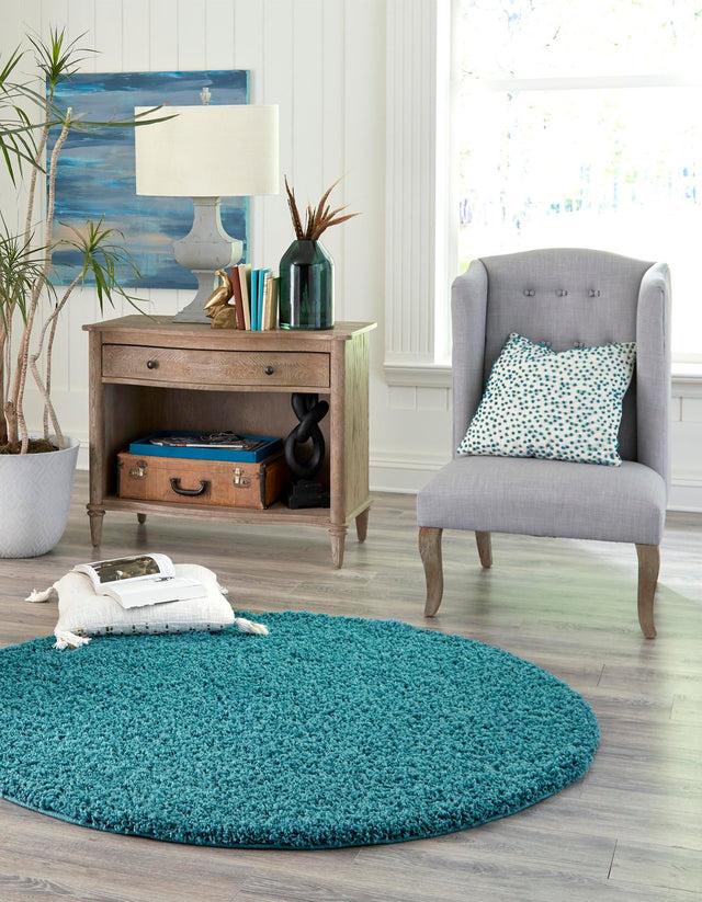 Deep Aqua Blue 7' 10 x 7' 10 Solid Shag Round Area Rug Thick Soft Touch Fluffy & Plush Shaggy Pile Durable Minimalist Carpet for Classic Interior Design for Sale at Rug Engine