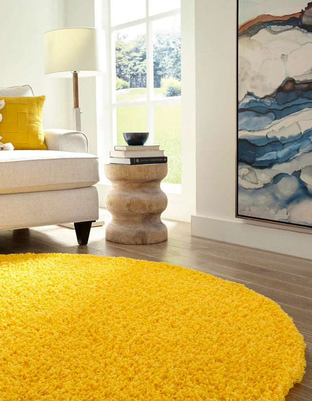 Tuscan Sun Yellow 3' 1 x 3' 1 Solid Shag Round Area Rug Thick Soft Touch Fluffy & Plush Shaggy Pile