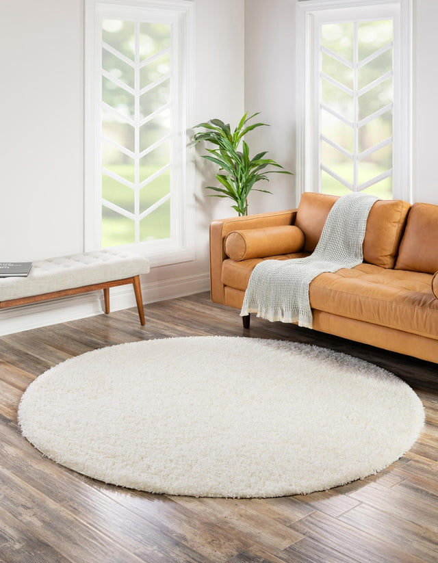 Snow White 6' 1 x 6' 1 Solid Shag Round Area Rug Thick Soft Touch Fluffy & Plush Shaggy Pile Durable Minimalist Carpet for Classic Interior Design for Sale at Rug Engine