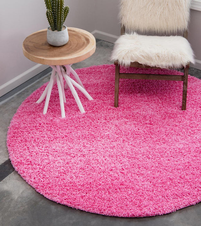 Taffy Pink 7' 10 x 7' 10 Solid Shag Round Area Rug Thick Soft Touch Fluffy & Plush Shaggy Pile Durable Minimalist Carpet for Classic Interior Design for Sale at Rug Engine
