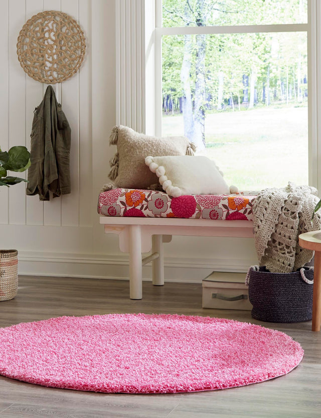 Taffy Pink 7' 10 x 7' 10 Solid Shag Round Area Rug Thick Soft Touch Fluffy & Plush Shaggy Pile Durable Minimalist Carpet for Classic Interior Design for Sale at Rug Engine