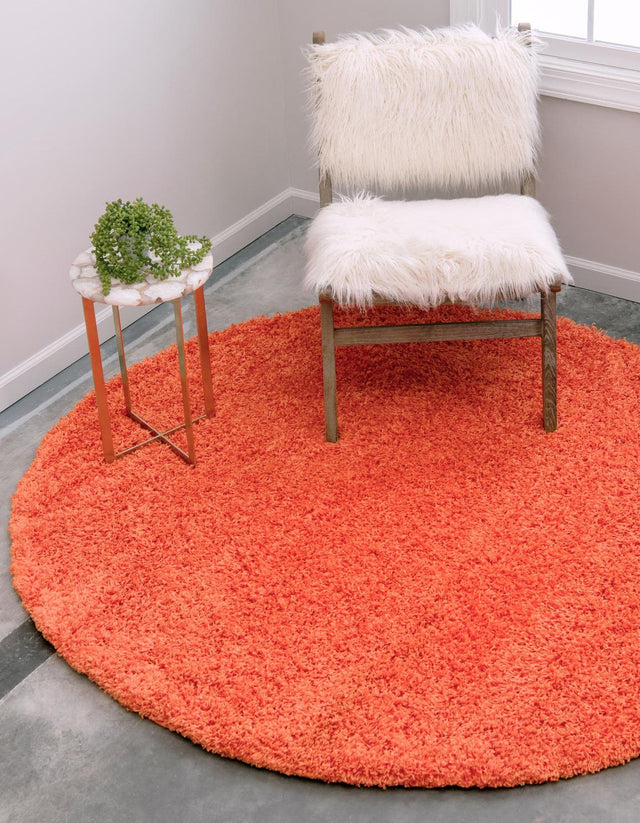 Tiger Orange 7' 10 x 7' 10 Solid Shag Round Area Rug Thick Soft Touch Fluffy & Plush Shaggy Pile Durable Minimalist Carpet for Classic Interior Design for Sale at Rug Engine