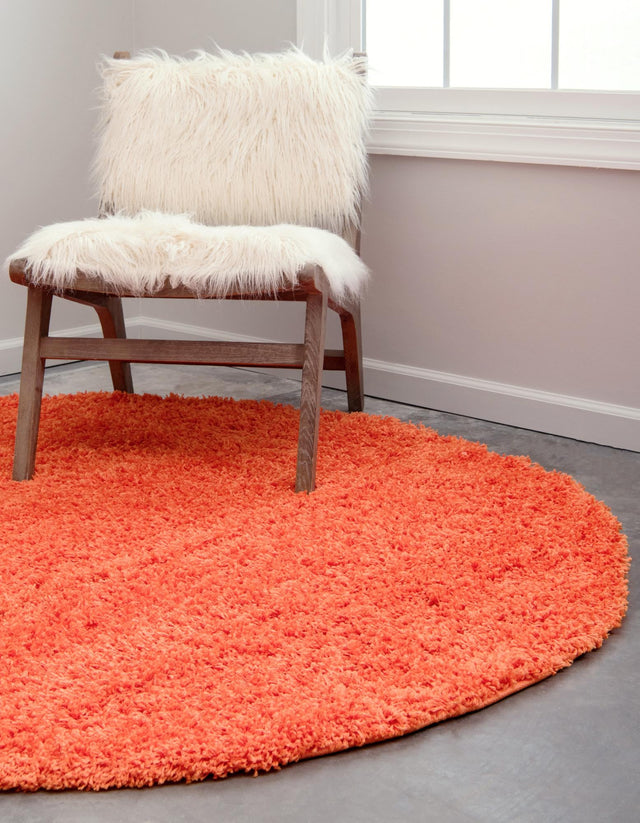 Tiger Orange 6' 1 x 6' 1 Solid Shag Round Area Rug Thick Soft Touch Fluffy & Plush Shaggy Pile Durable Minimalist Carpet for Classic Interior Design for Sale at Rug Engine