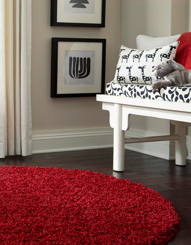 Cherry Red 5' 3 x 5' 3 Solid Shag Round Area Rug Thick Soft Touch Fluffy & Plush Shaggy Pile