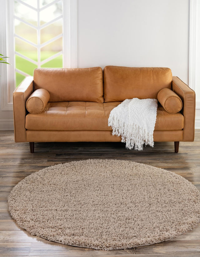 Taupe 7' 10 x 7' 10 Solid Shag Round Area Rug Thick Soft Touch Fluffy & Plush Shaggy Pile Durable Minimalist Carpet for Classic Interior Design for Sale at Rug Engine