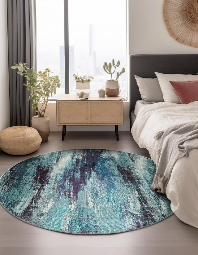 Blue 8' x 8' Jardin Round Area Rug 100% Polypropylene With Cotton Backing Colorful & Vivid Modern Carpet for Home Decor for Sale at Rug Engine