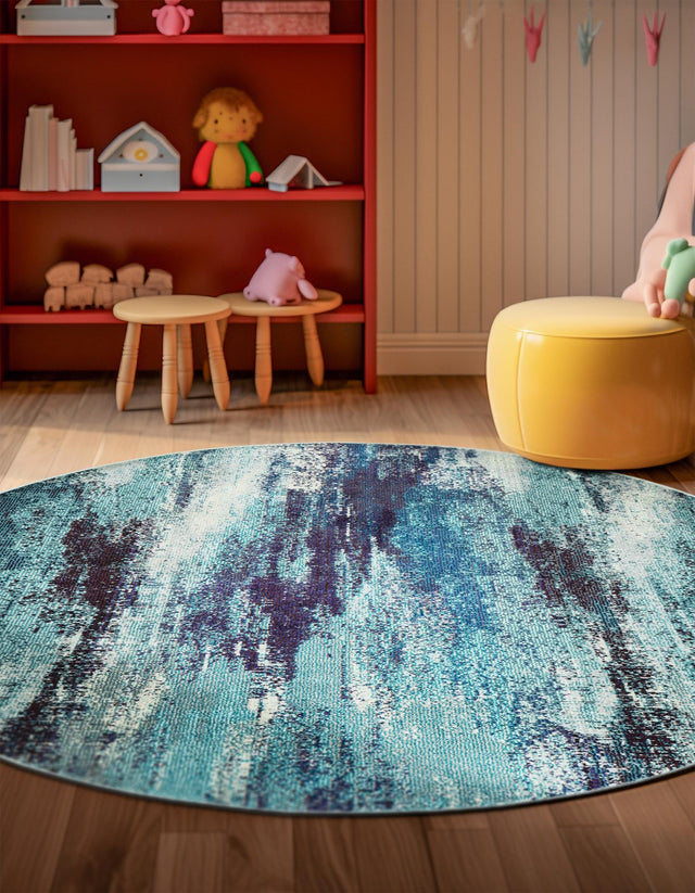 Blue 3' 3 x 3' 3 Jardin Round Area Rug 100% Polypropylene With Cotton Backing Colorful & Vivid Modern Carpet for Home Decor for Sale at Rug Engine