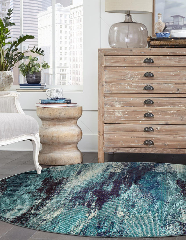 Blue 3' 3 x 3' 3 Jardin Round Area Rug 100% Polypropylene With Cotton Backing Colorful & Vivid Modern Carpet for Home Decor for Sale at Rug Engine