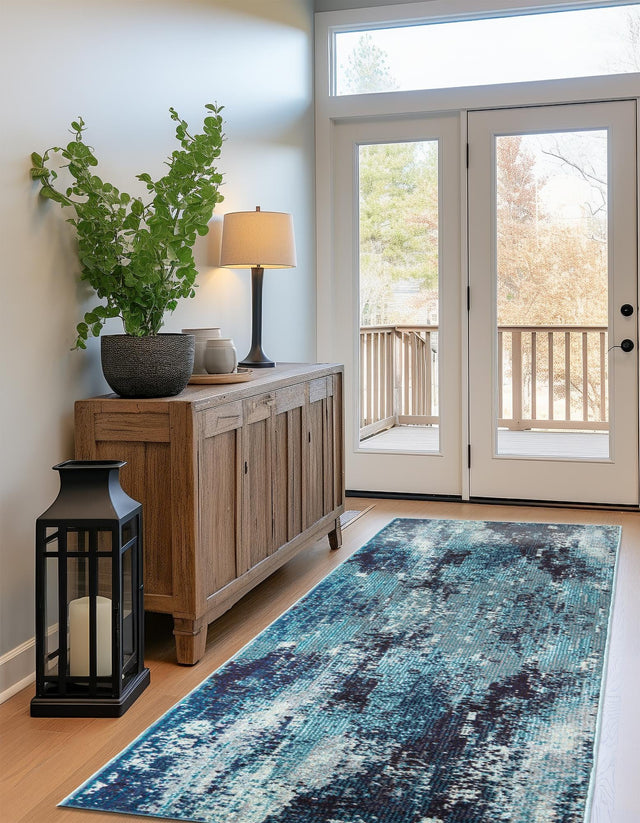 Blue 2' 7 x 12' Jardin Runner Area Rug 100% Polypropylene With Cotton Backing Colorful & Vivid Modern Carpet for Home Decor for Sale at Rug Engine