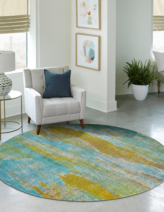 Turquoise 6' 1 x 6' 1 Jardin Round Area Rug 100% Polypropylene With Cotton Backing Colorful & Vivid Modern Carpet for Home Decor for Sale at Rug Engine