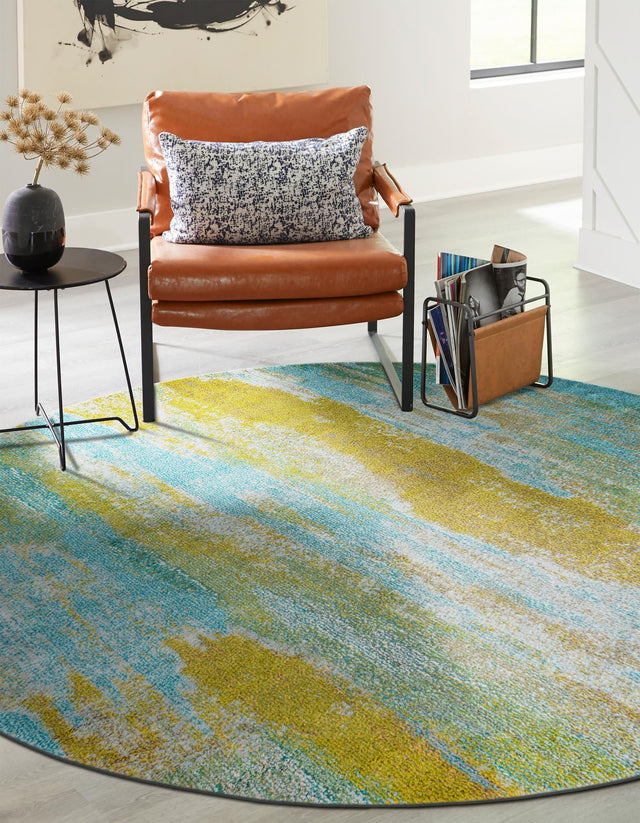 Turquoise 8' x 8' Jardin Round Area Rug 100% Polypropylene With Cotton Backing Colorful & Vivid Modern Carpet for Home Decor for Sale at Rug Engine