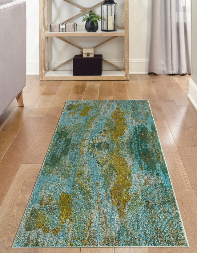 Turquoise 2' 7 x 10' Jardin Runner Area Rug 100% Polypropylene With Cotton Backing Colorful & Vivid Modern Carpet for Home Decor for Sale at Rug Engine