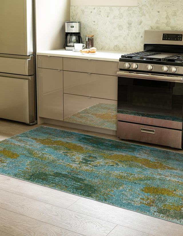 Turquoise 2' 7 x 10' Jardin Runner Area Rug 100% Polypropylene With Cotton Backing Colorful & Vivid Modern Carpet for Home Decor for Sale at Rug Engine