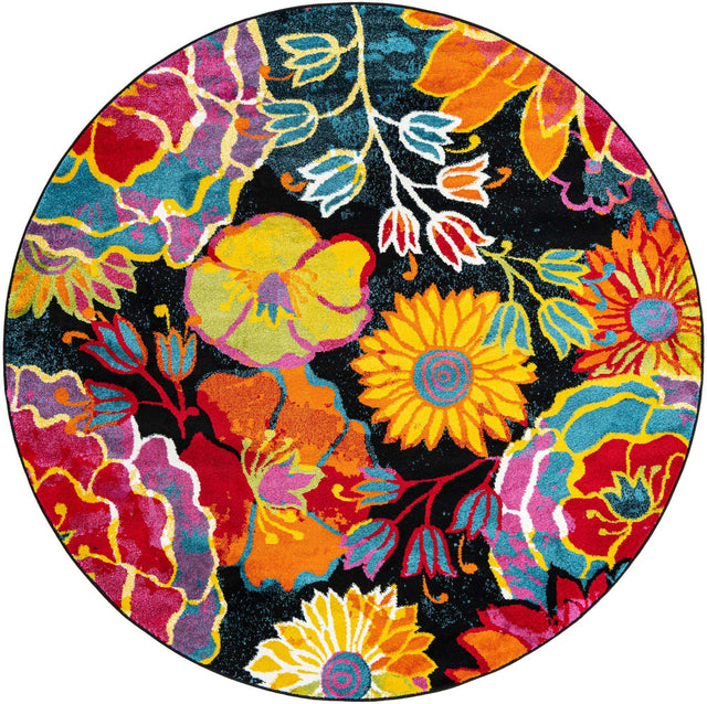 Black 8' x 8' Lyon Round Area Rug Vivid Colorful Abstract Modern 100% Polypropylene Carpet for Living Room, Dining, Office for Sale at Rug Engine