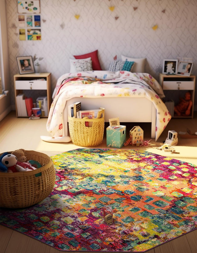 Multicolor 5' x 5' Jardin Octagon Area Rug 100% Polypropylene With Cotton Backing Colorful & Vivid Modern Carpet for Home Decor for Sale at Rug Engine