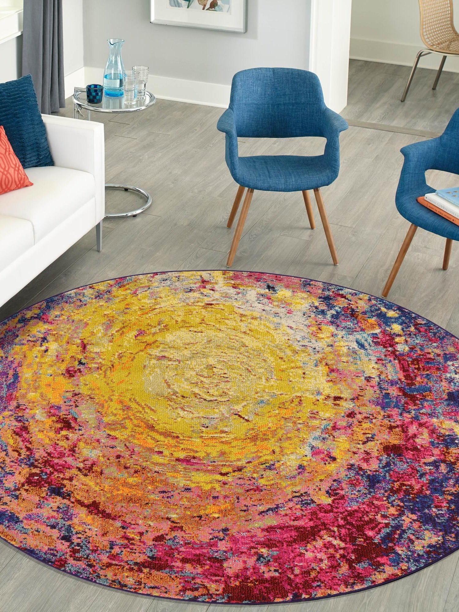 Multicolor 6' x 6' Estrella Round Area Rug 100% Polypropylene Non-Shedding Stain Resistant Carpet Colorful Modern Abstract Design Easy Clean for Home Decor for Sale at Rug Engine