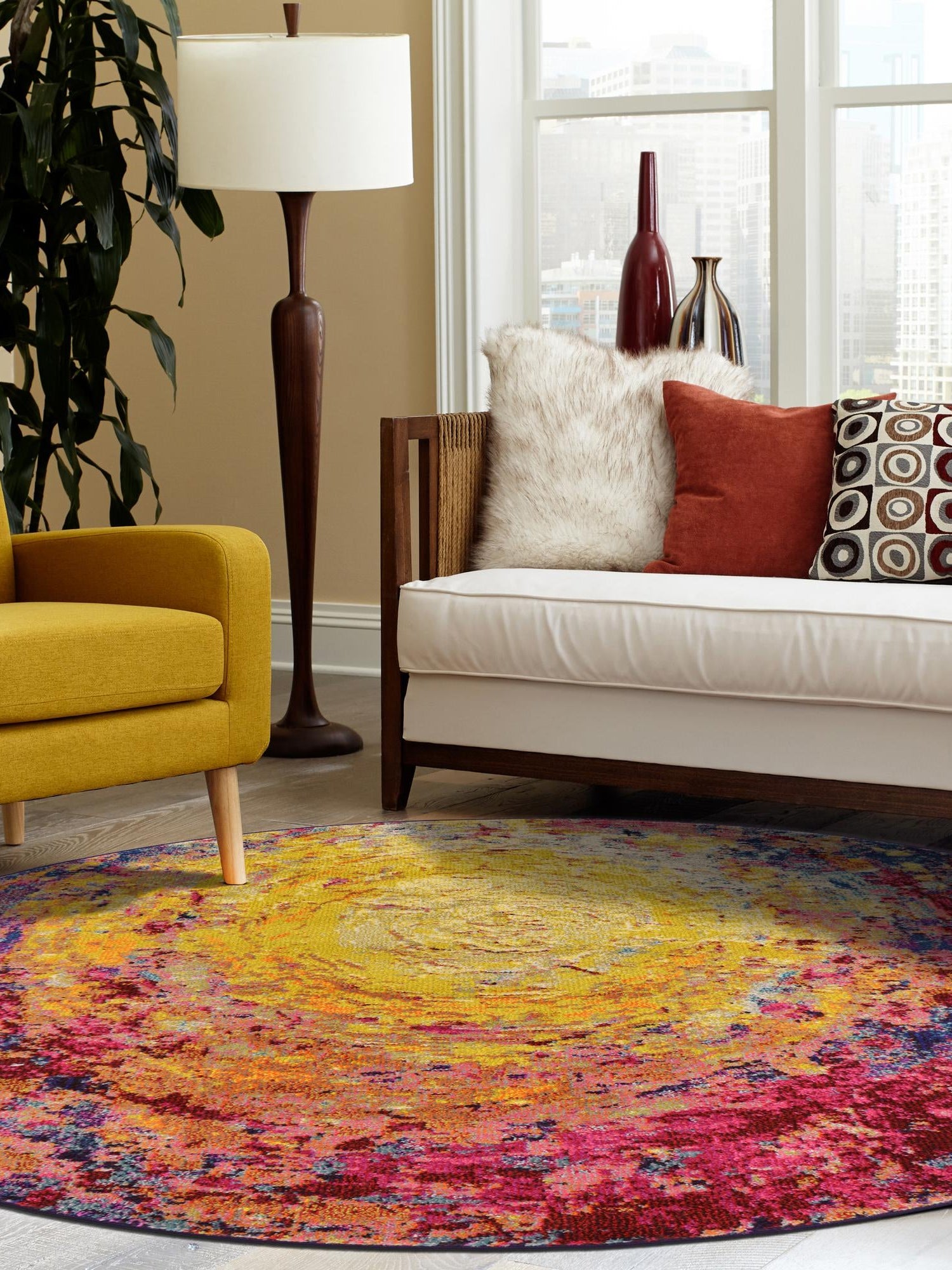 Multicolor 6' x 6' Estrella Round Area Rug 100% Polypropylene Non-Shedding Stain Resistant Carpet Colorful Modern Abstract Design Easy Clean for Home Decor for Sale at Rug Engine