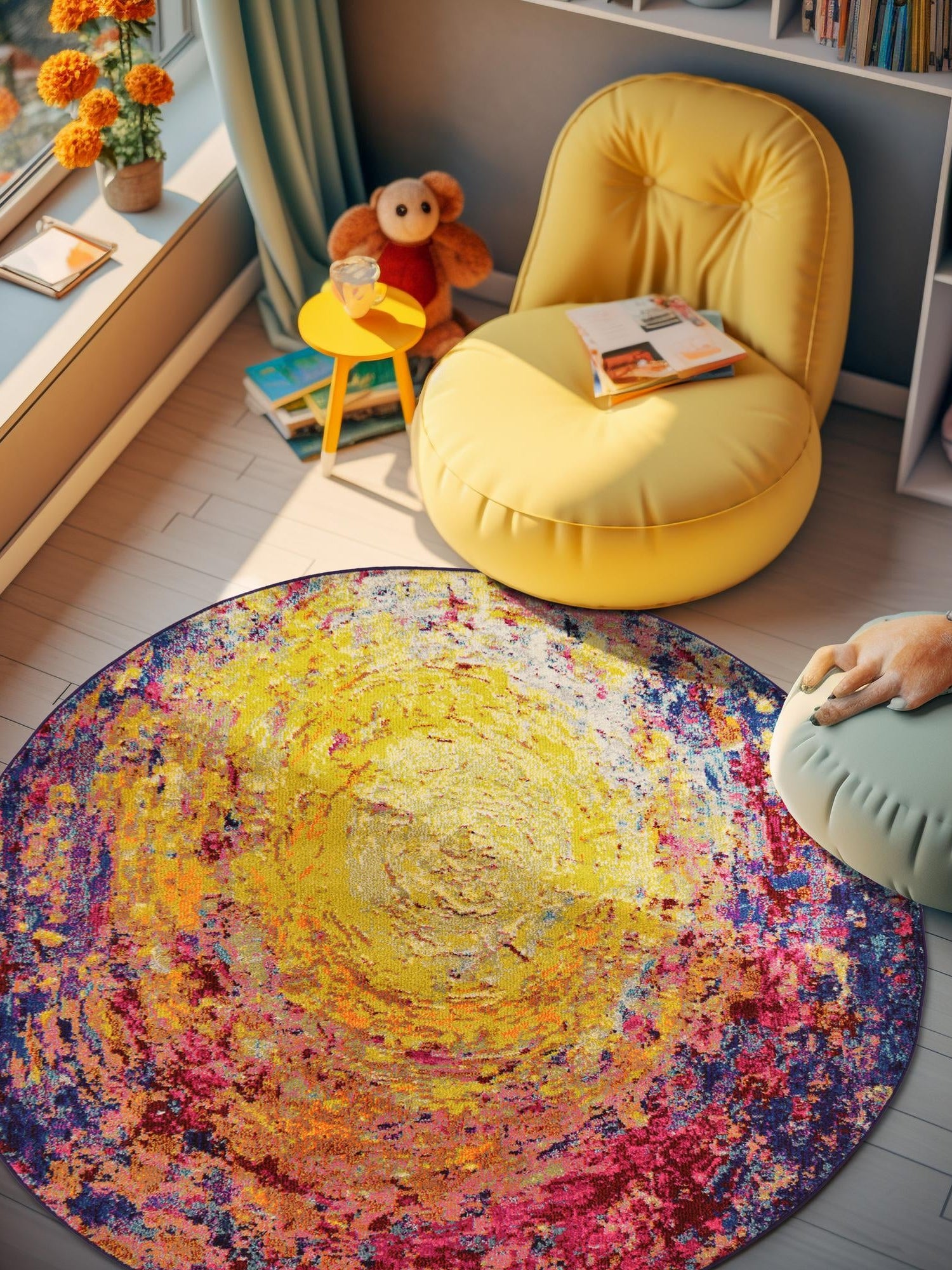 Multicolor 6' x 6' Estrella Round Area Rug 100% Polypropylene Non-Shedding Stain Resistant Carpet Colorful Modern Abstract Design Easy Clean for Home Decor for Sale at Rug Engine