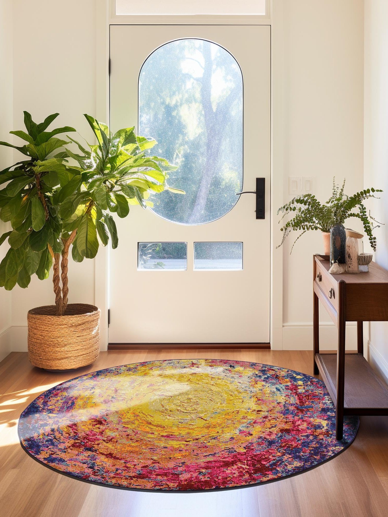 Multicolor 6' x 6' Estrella Round Area Rug 100% Polypropylene Non-Shedding Stain Resistant Carpet Colorful Modern Abstract Design Easy Clean for Home Decor for Sale at Rug Engine