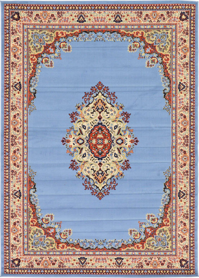 Light Blue 7' 1 x 10' Reza Rectangle Area Rug 100% Polypropylene Easy Clean Traditional Motif Classic Carpet for Home Interiors for Sale at Rug Engine