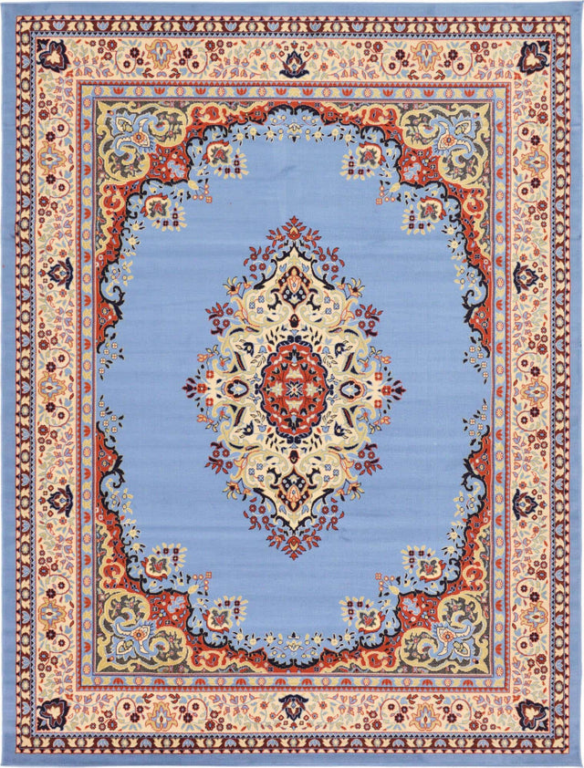 Light Blue 9' x 12' Reza Rectangle Area Rug 100% Polypropylene Easy Clean Traditional Motif Classic Carpet for Home Interiors for Sale at Rug Engine