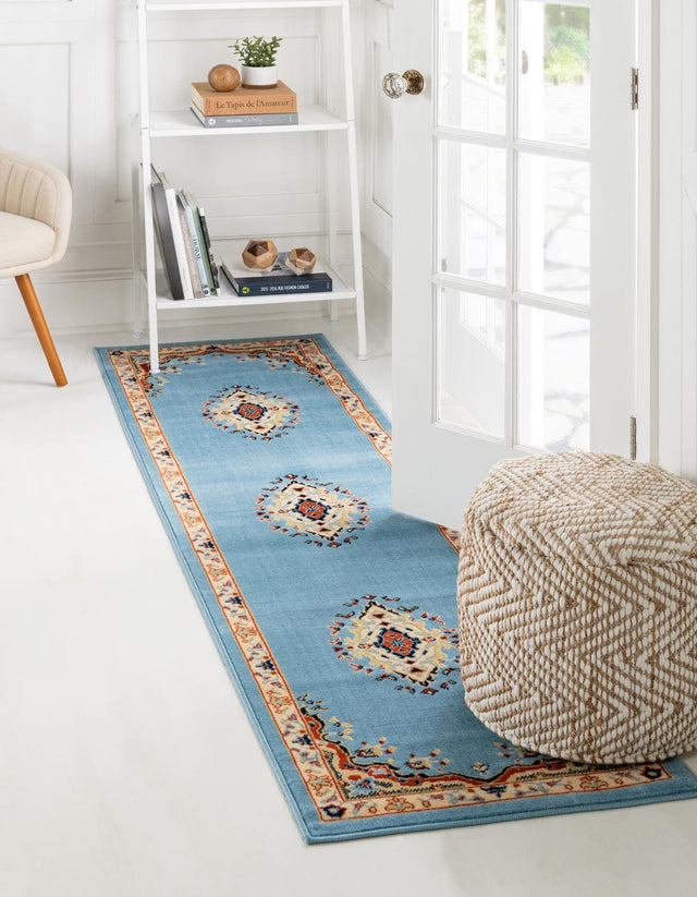 Light Blue 2' 7 x 10' Reza Runner Area Rug 100% Polypropylene Easy Clean Traditional Motif Classic Carpet for Home Interiors for Sale at Rug Engine