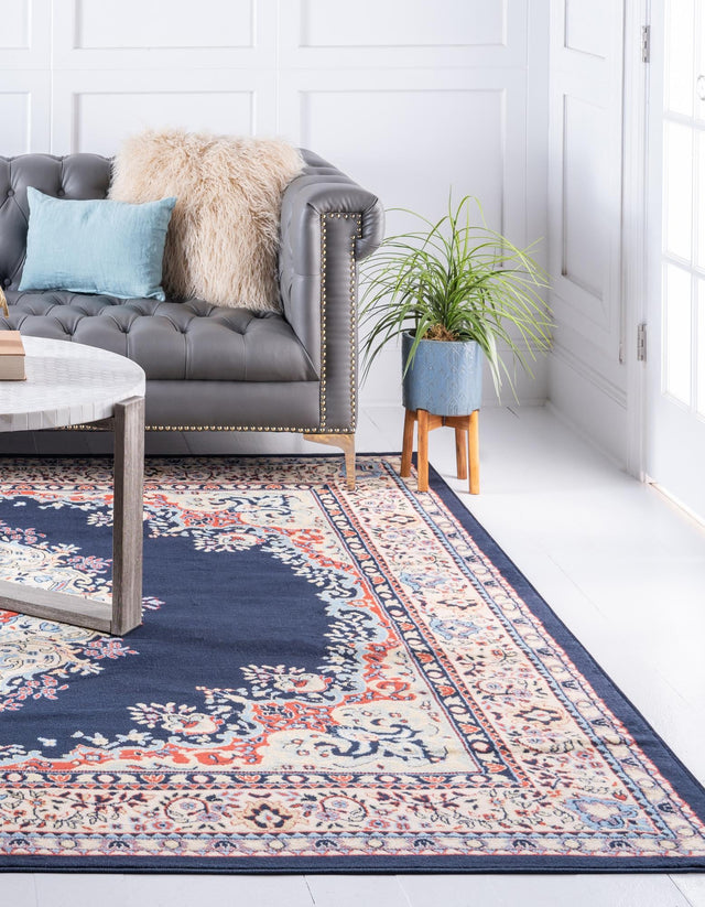 Navy Blue 7' 10 x 7' 10 Reza Square Area Rug 100% Polypropylene Easy Clean Traditional Motif Classic Carpet for Home Interiors for Sale at Rug Engine