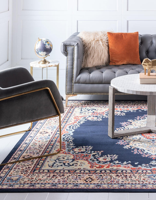 Navy Blue 7' 10 x 7' 10 Reza Square Area Rug 100% Polypropylene Easy Clean Traditional Motif Classic Carpet for Home Interiors for Sale at Rug Engine