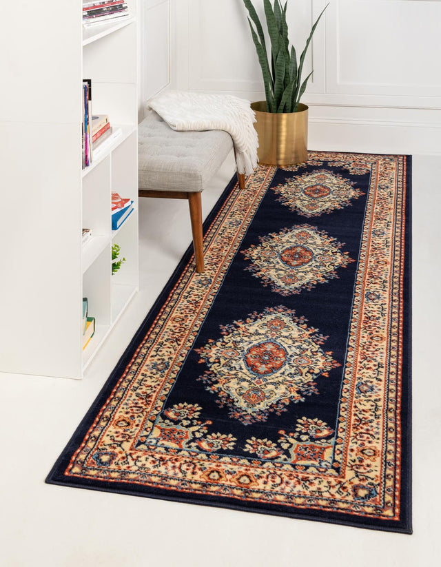 Navy Blue 3' 1 x 16' 5 Reza Runner Area Rug 100% Polypropylene Easy Clean Traditional Motif Classic Carpet for Home Interiors for Sale at Rug Engine