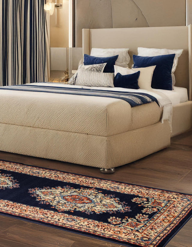 Navy Blue 3' 1 x 16' 5 Reza Runner Area Rug 100% Polypropylene Easy Clean Traditional Motif Classic Carpet for Home Interiors for Sale at Rug Engine