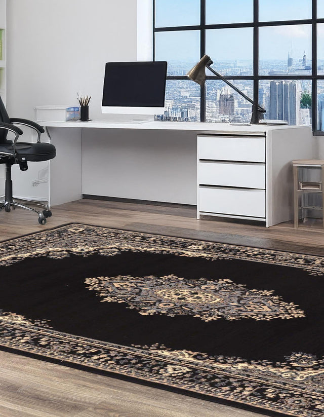Black 6' 1 x 9' Reza Rectangle Area Rug 100% Polypropylene Easy Clean Traditional Motif Classic Carpet for Home Interiors for Sale at Rug Engine
