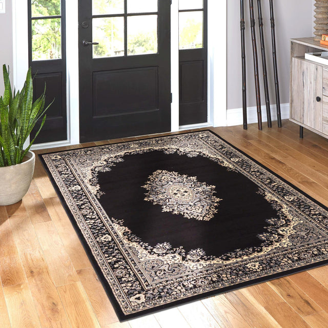 Black 7' 10 x 11' Reza Rectangle Area Rug 100% Polypropylene Easy Clean Traditional Motif Classic Carpet for Home Interiors for Sale at Rug Engine